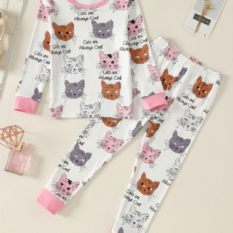 Dívčí Společenské Oblečení Pro Domácí S Dlouhým Rukávem A Sladěnými Kalhotami S Potiskem Kočky