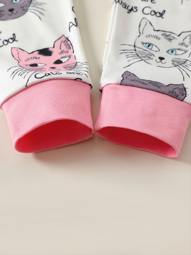Dívčí Společenské Oblečení Pro Domácí S Dlouhým Rukávem A Sladěnými Kalhotami S Potiskem Kočky