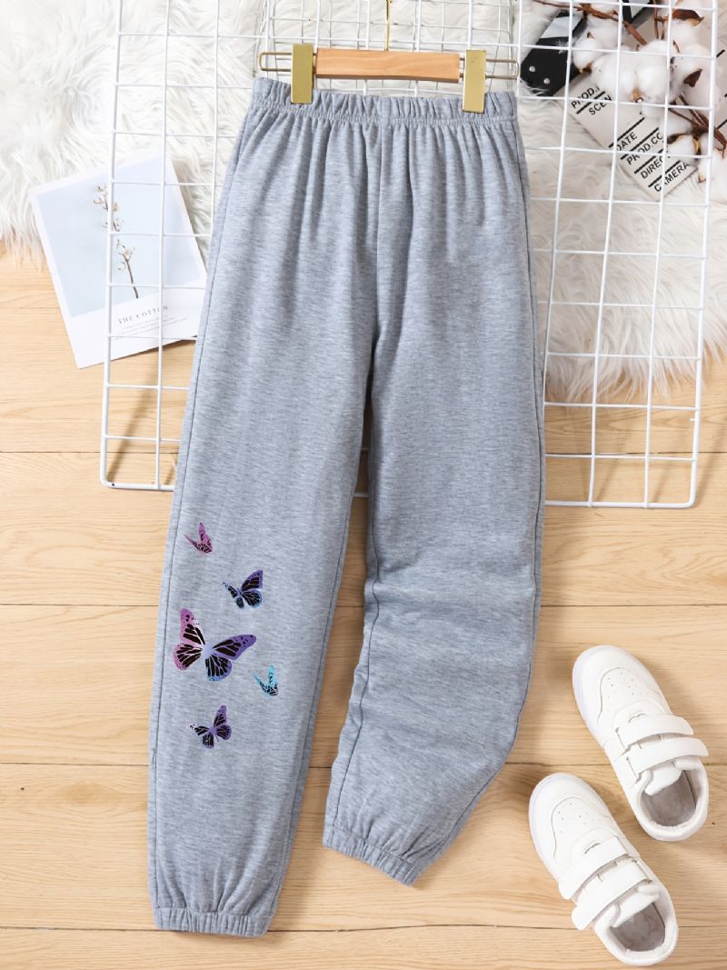 Dívčí Tepláky Elastický Pas Butterfly Print Sportovní Jogger Kalhoty Dětské Oblečení