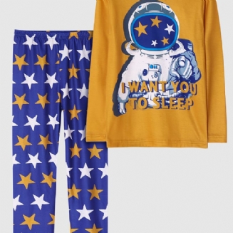 Dětské Chlapecké Pyžamo Astronaut Potisk S Kulatým Výstřihem A Dlouhým Rukávem Set Top & Kalhoty