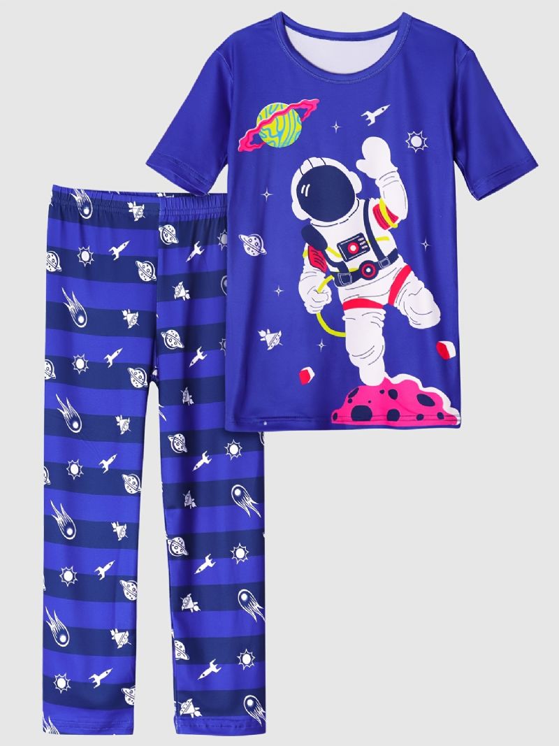 Dětské Chlapecké Pyžamo Modrý Potisk Astronaut S Kulatým Výstřihem Krátký Rukáv Top A Kalhoty Sada Dětského Oblečení
