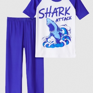 Dětské Chlapecké Pyžamo Roztomilý Potisk Žraloka Kulatý Výstřih Krátký Rukáv Top & Kalhoty Set Oblečení