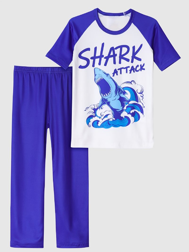 Dětské Chlapecké Pyžamo Roztomilý Potisk Žraloka Kulatý Výstřih Krátký Rukáv Top & Kalhoty Set Oblečení