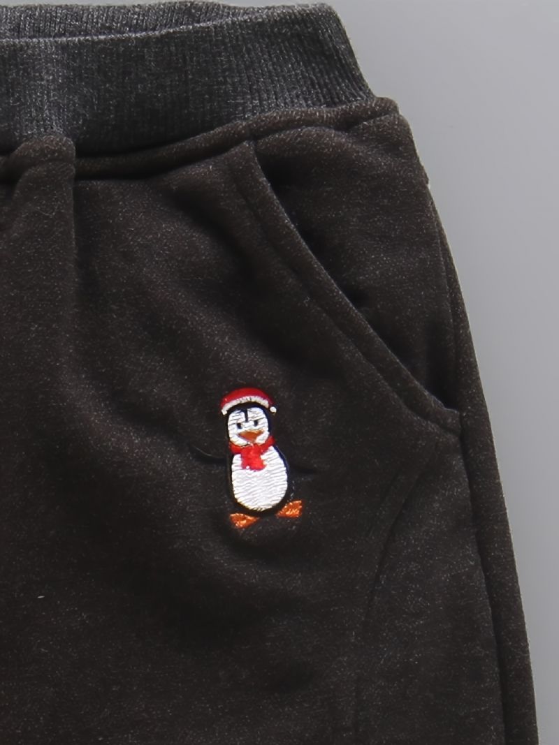 Děťátko Chlapci Tepláky Elastický Pas Penguin Vyšívaný Fleece Teplé Kalhoty Dětské Oblečení