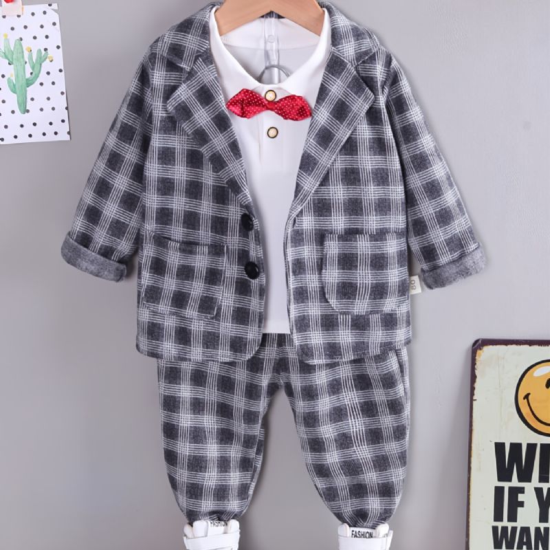 Podzimní Chlapecký Kostkovaný Top S Dlouhým Rukávem A Kalhotami A Límcem