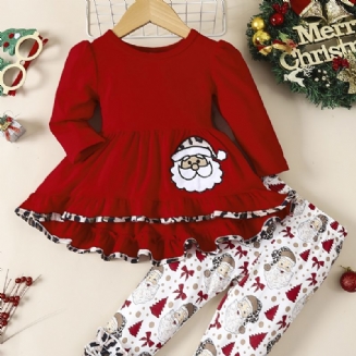 Vánoční Dívky Santa Vyšívané Šaty + Volánkové Kalhoty Dětské Oblečení Sváteční