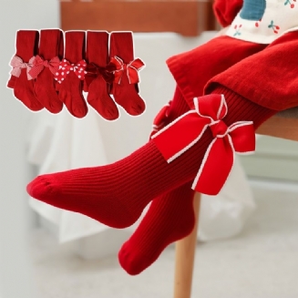 Vánoční Dívčí Jednobarevné Punčochy Z Úpletu Měkké Teplé Punčochové Kalhoty S Mašlí