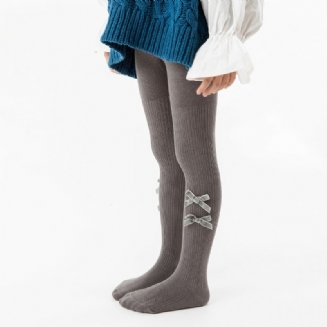 Dívčí Jednobarevné Úpletové Legíny Punčochy S Mašličkou Měkké Hřejivé Punčochové Kalhoty