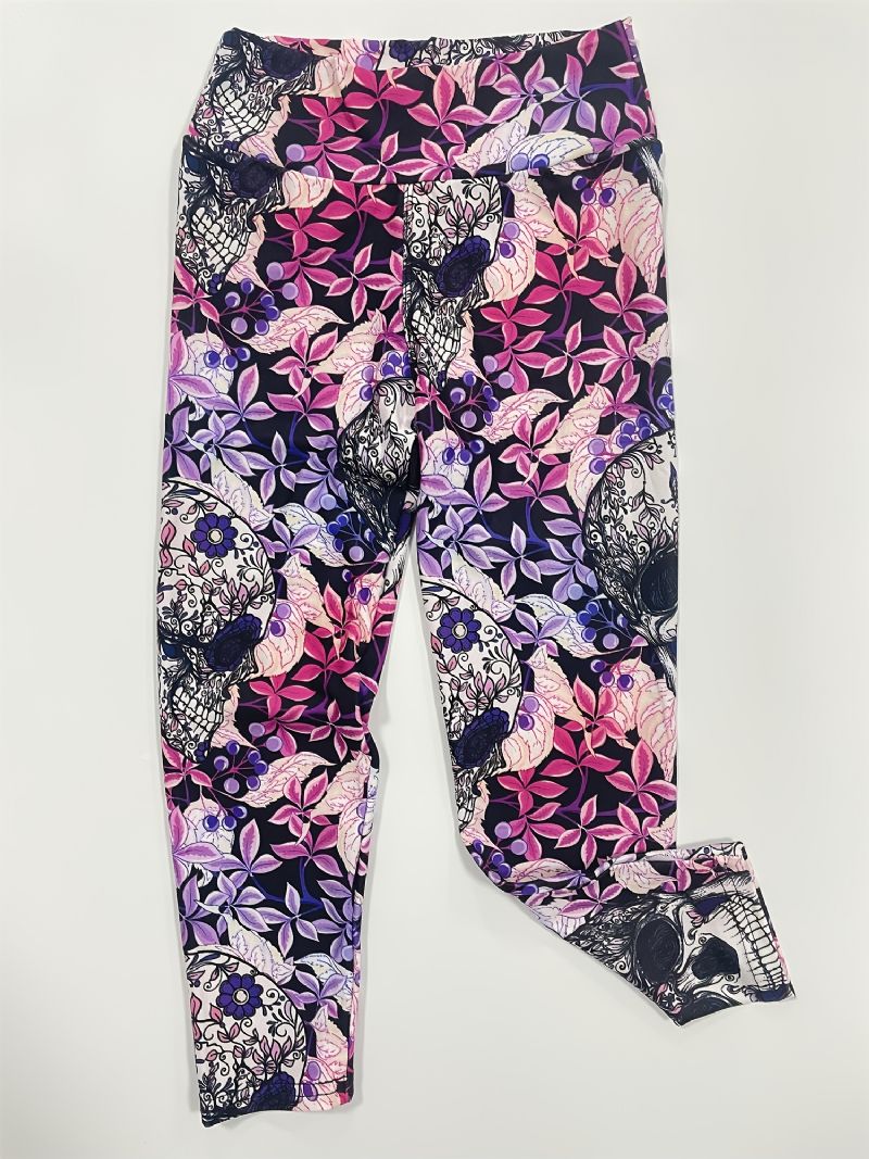 Dívčí Vysoce Strečové Měkké Legíny Mix Pink Violet Flower Skulls Print