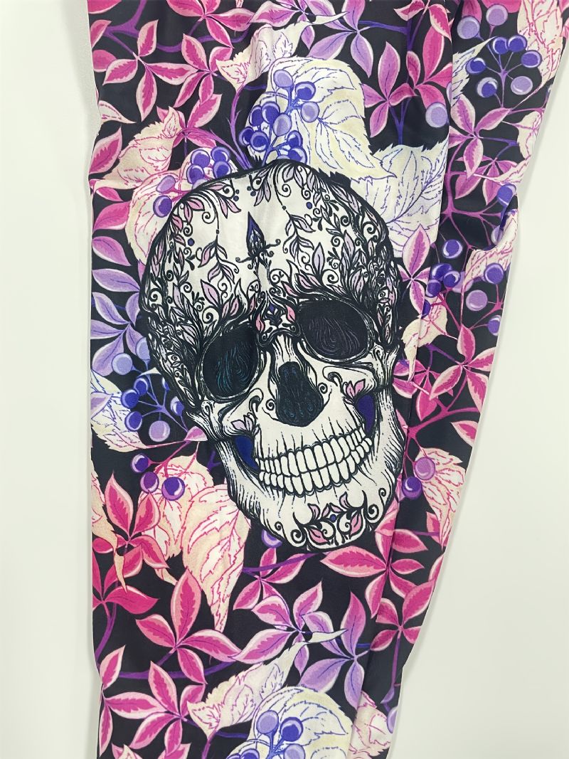 Dívčí Vysoce Strečové Měkké Legíny Mix Pink Violet Flower Skulls Print