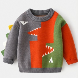 Chlapecký Dinosauří Svetr Kulatý Výstřih Dlouhý Rukáv Spojování Pletený Dětské Oblečení