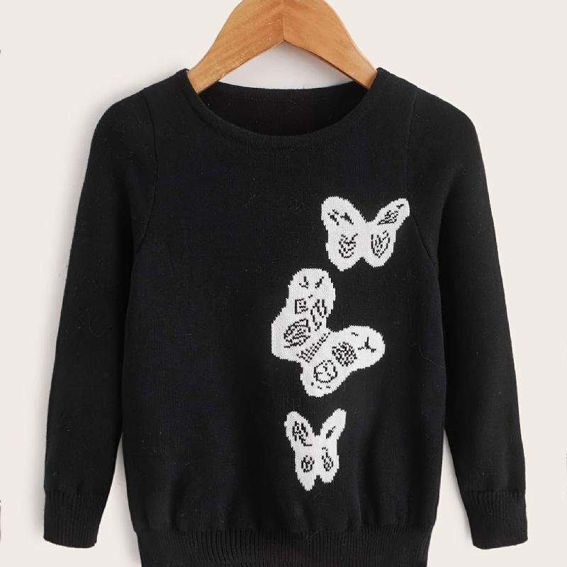 Dívčí Ležérní Pletený Svetr S Výstřihem A Potiskem Motýlů Na Zimu V Černé Barvě