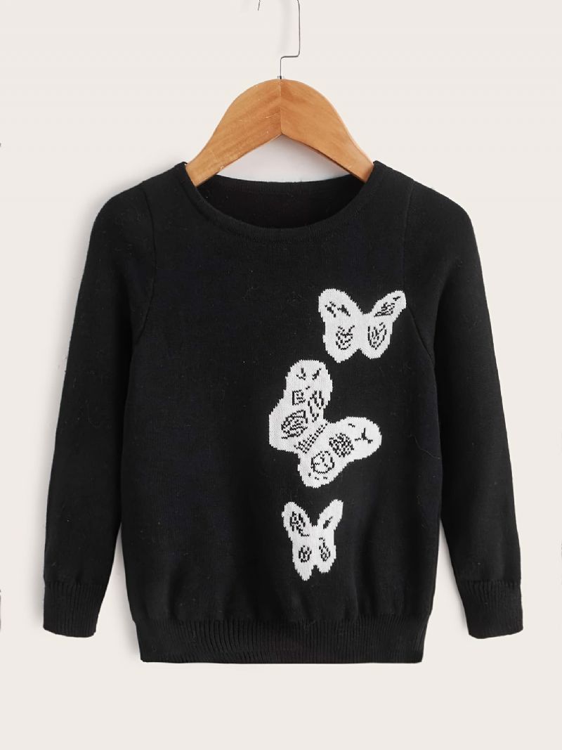 Dívčí Ležérní Pletený Svetr S Výstřihem A Potiskem Motýlů Na Zimu V Černé Barvě