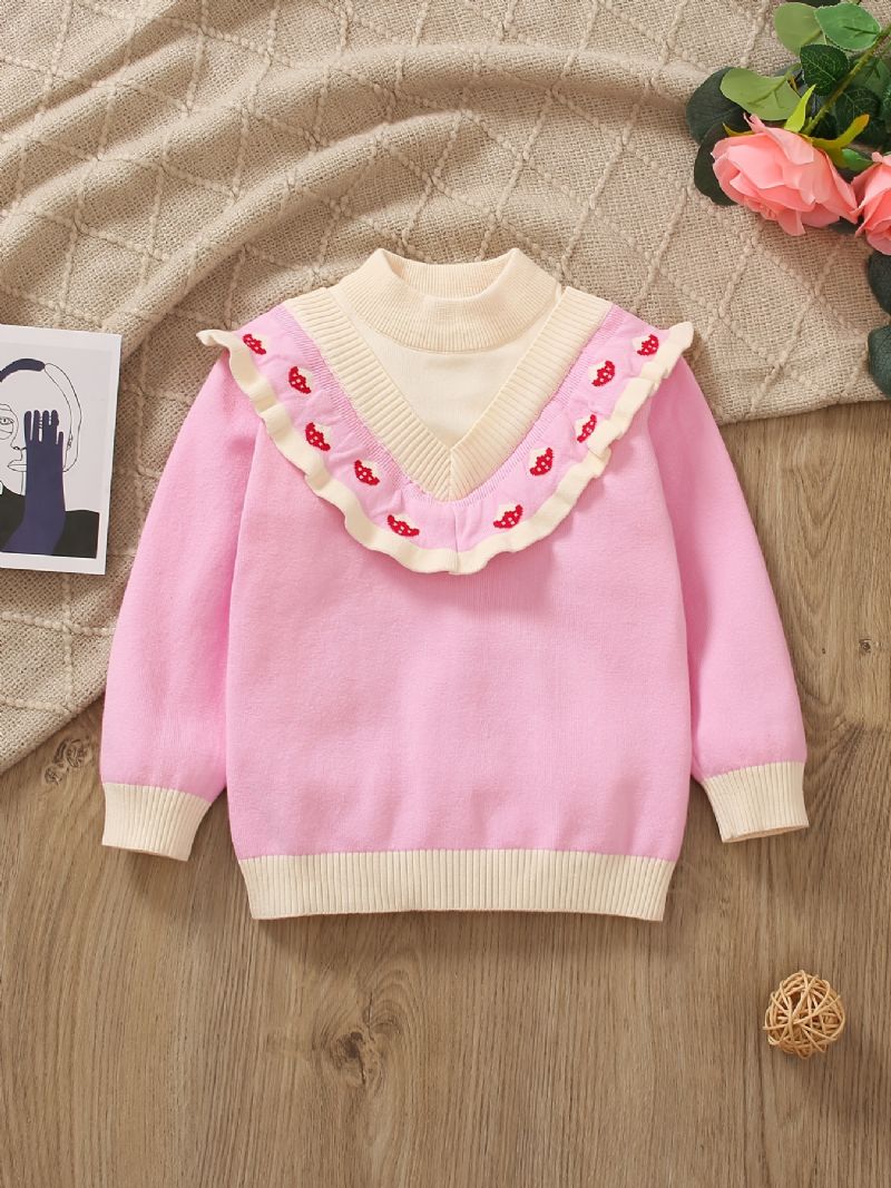 Dívčí Ruffle Design Color Block Strawberry Pletený Svetr Dětské Oblečení Na Zimu