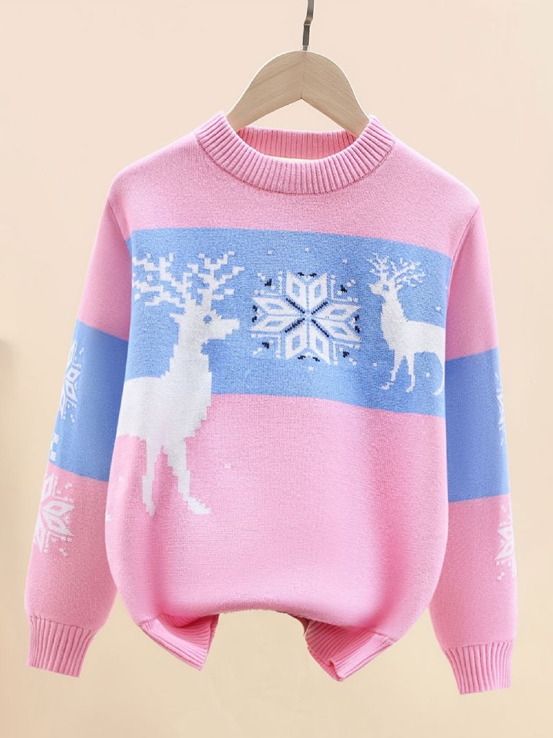 Dívčí Vánoční Outfit Svetr Double Deer Print Kulatý Výstřih Dlouhý Rukáv Pletený Dětské Oblečení