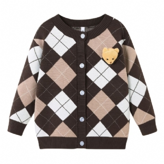 Dětský Dívčí Svetr Plaid Bear College Style Pletený Cardigan