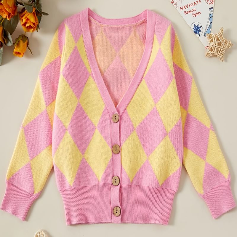 Dětský Dívčí Svetr Rhombus Knit Cardigan Pro Zimní Dětské Oblečení