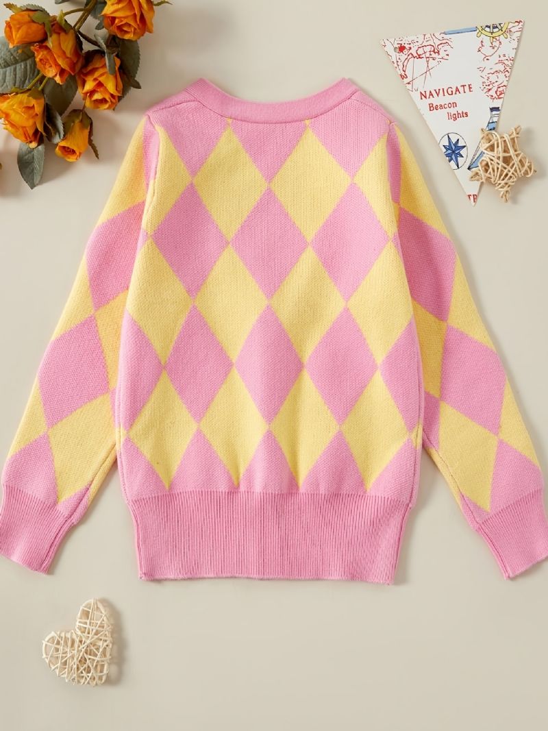 Dětský Dívčí Svetr Rhombus Knit Cardigan Pro Zimní Dětské Oblečení