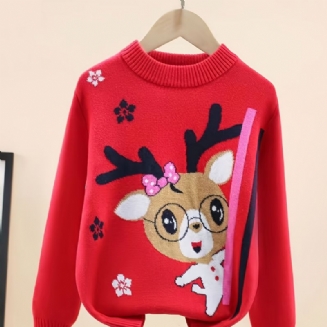 Vánoční Outfit Dívčí Svetr Deer Vzor Pletený S Kulatým Výstřihem