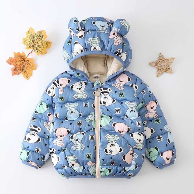 Batole Chlapci Dívky Puffer Kabát Blue Bear Cartoon Print Bunda S Kapucí Na Zip