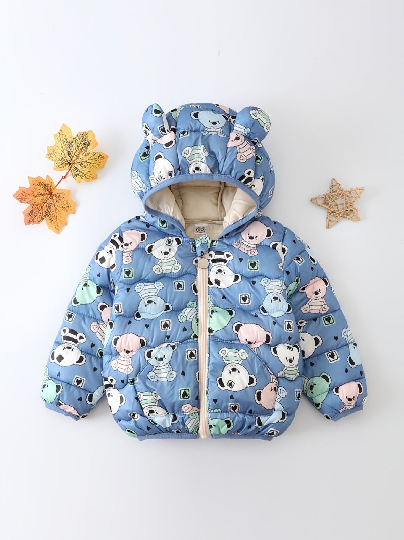 Batole Chlapci Dívky Puffer Kabát Blue Bear Cartoon Print Bunda S Kapucí Na Zip