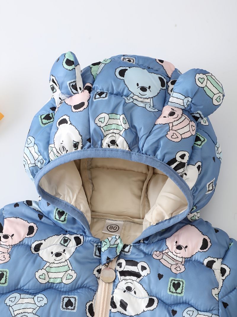 Batole Chlapci Dívky Puffer Kabát Blue Bear Cartoon Print Bunda S Kapucí Na Zip