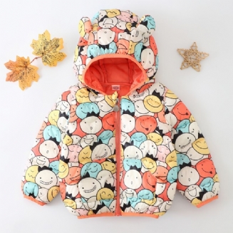 Batole Chlapci Dívky Puffer Kabát Smiling Face Print Bunda S Kapucí Na Zip