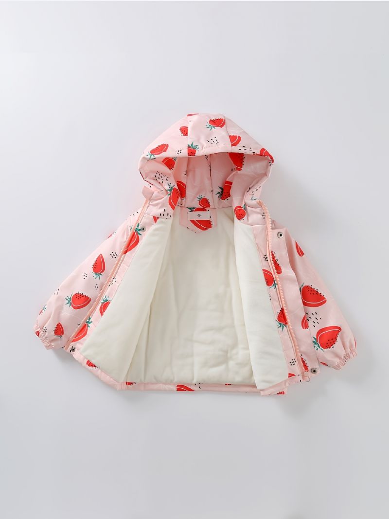 Dívčí Bunda S Kapucí Dlouhý Rukáv Jahodový Potisk Zip-up Plyšový Fleece Zateplený Kabát Zimní Dětské Oblečení