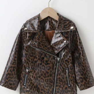 Dívčí Klopová Pu Kožená Bunda Leopardí Kabát Na Zip Dětské Oblečení