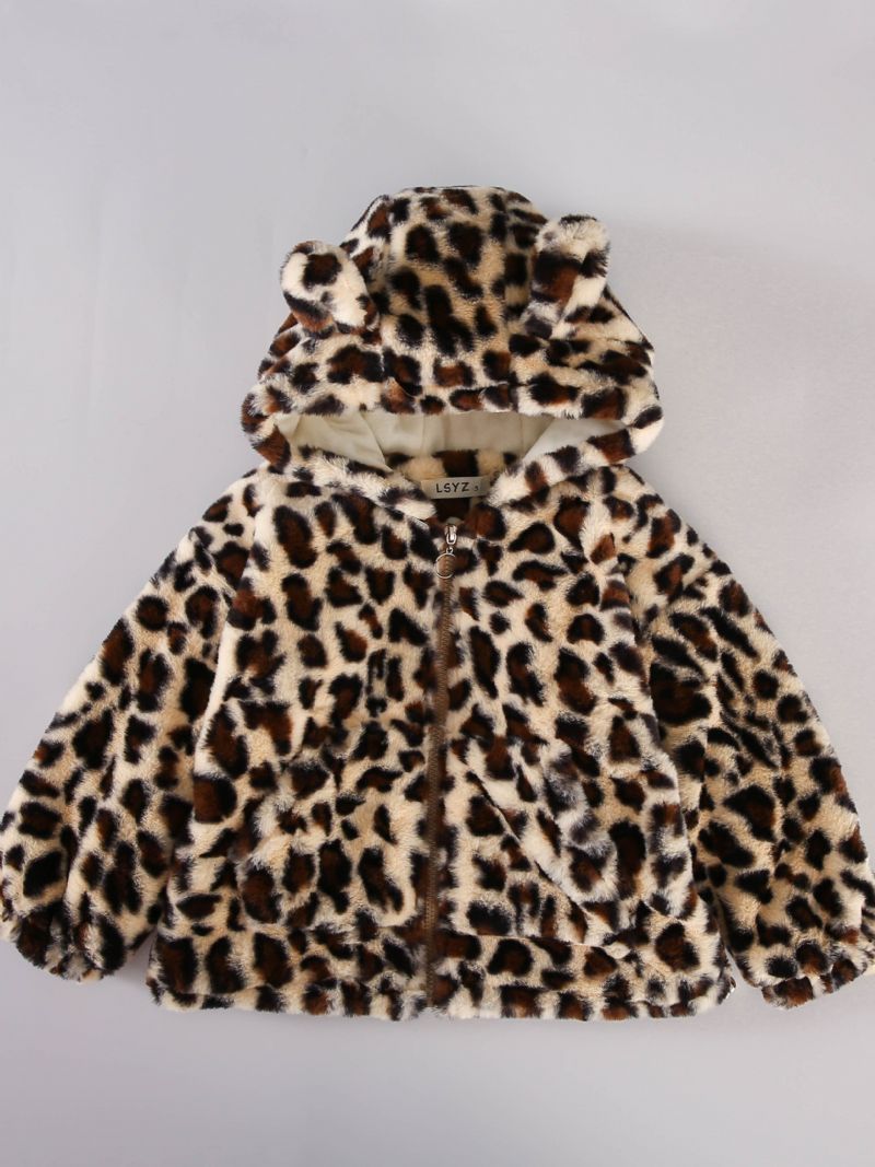 Dívčí Leopardí Bunda S Kapucí Roztomilé Zvířecí Uši Dlouhý Rukáv Zip Teplý Kabátek Dětské Oblečení