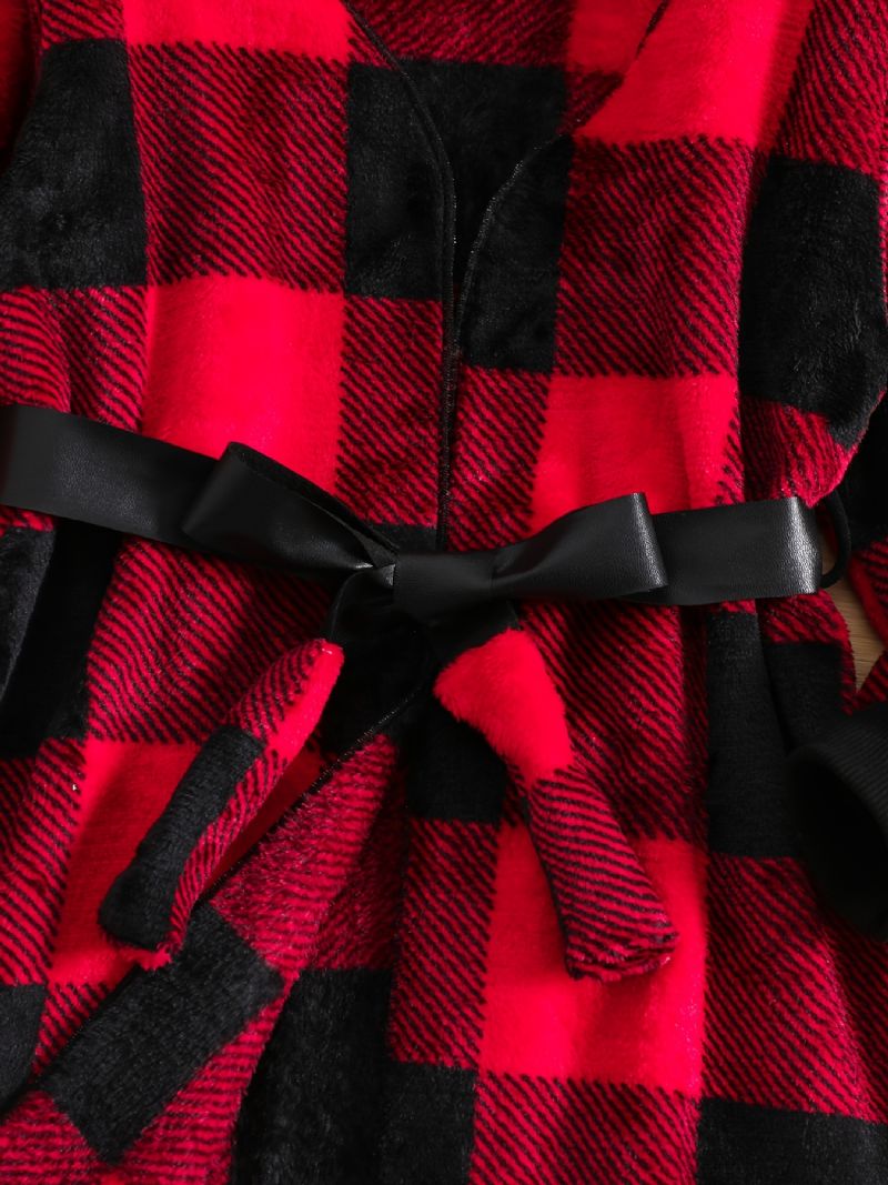 Dívčí Oboustranné Fleece Kostkované Kabáty S Páskem Na Zimní Dětské Oblečení Vánoce