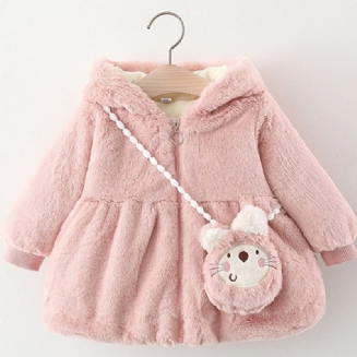 Dívčí Roztomilý Fleecový Kabát S Kapucí A Taškou Na Zimní Dětské Oblečení