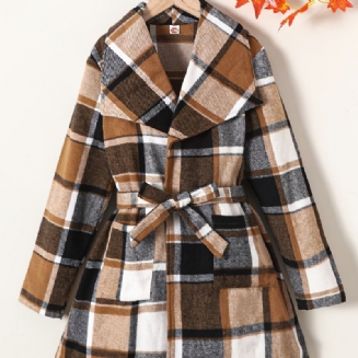 Dívčí Vyzrálý Zahuštěný Kostkovaný Kabát S Mašlí Na Šněrování Zateplené Větruodolné Oblečení Na Zimu