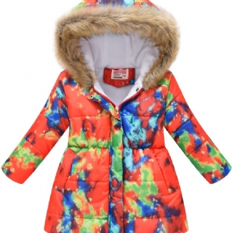 Dívčí Zahuštěný Zateplený Kabátek Vázanka S Barevným Potiskem Zip Bunda S Kapucí Zimní Dětské Oblečení