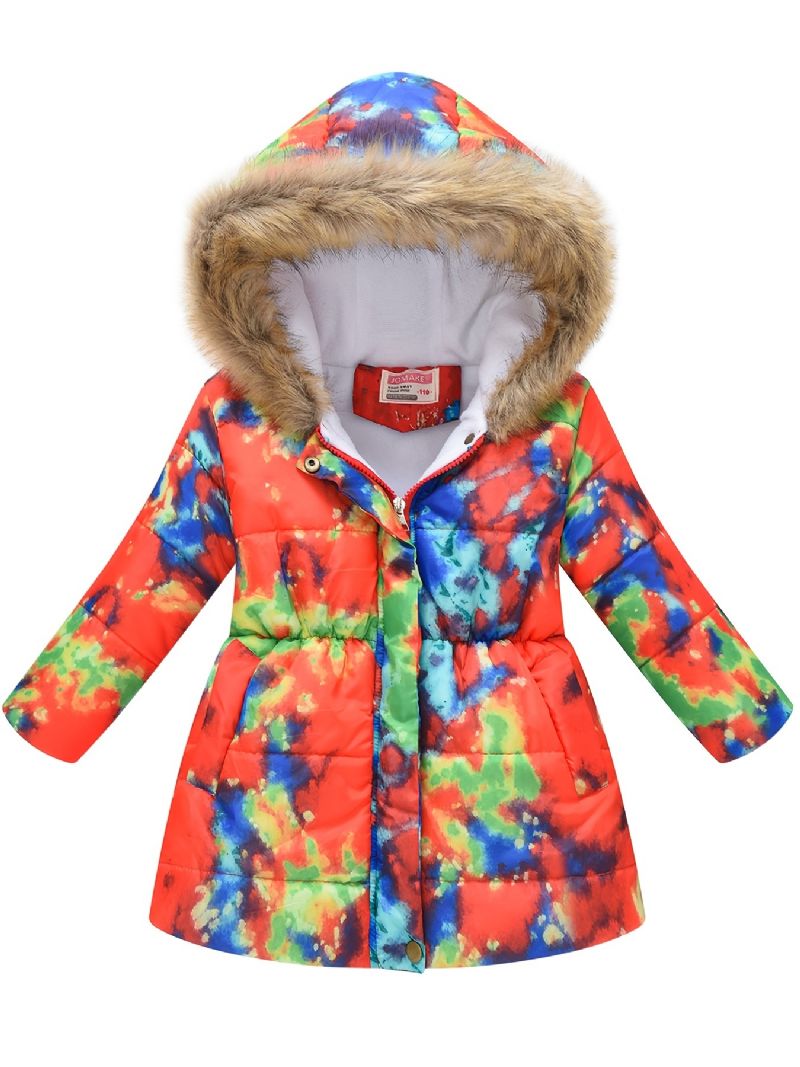 Dívčí Zahuštěný Zateplený Kabátek Vázanka S Barevným Potiskem Zip Bunda S Kapucí Zimní Dětské Oblečení
