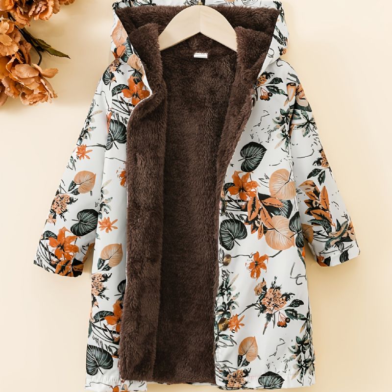 Dívčí Zateplený Kabát S Kapucí Na Zimu S Květinovým Potiskem Teddy Fleece