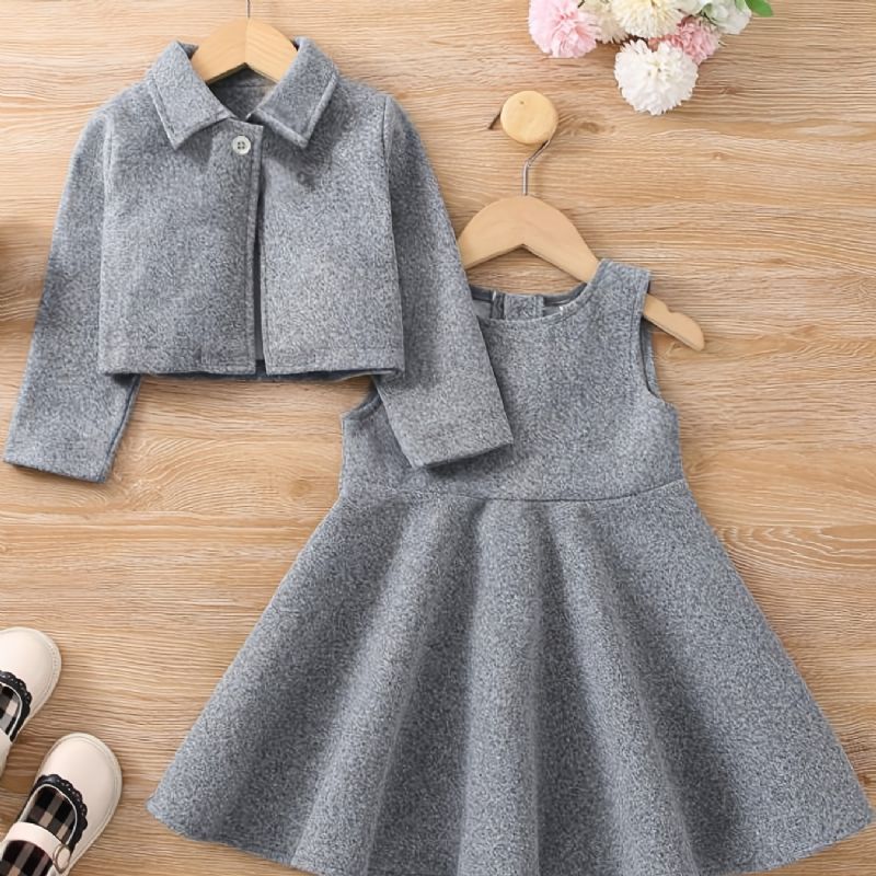 Dívčí Šaty Bez Rukávů Ve Stylu Preppy + Košilový Límec Soupravy Krátkých Kabátů Dětské Oblečení