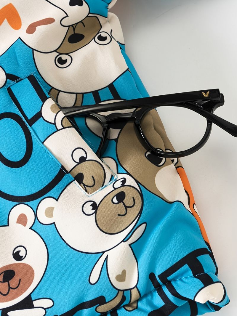 Hračka Bear Shape Pattern Dětské Zvířecí Uši Puffer Kabát Kreslený Potisk Medvěda Zip Plyšová Zateplená Bunda S Kapucí Zimní Chlapci Dívčí Oblečení