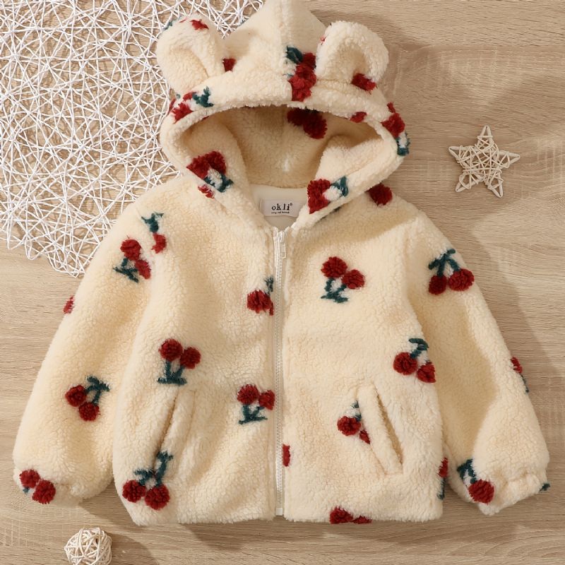 Miminka Dívčí Bunda Polar Fleece Bear Uši Cherry Zip Plyšový Teplý Kabát S Kapucí Dětské Oblečení