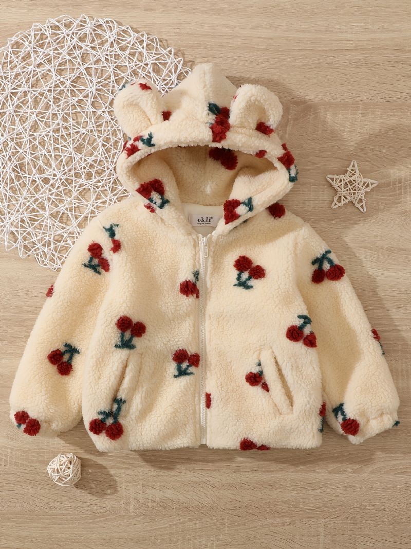 Miminka Dívčí Bunda Polar Fleece Bear Uši Cherry Zip Plyšový Teplý Kabát S Kapucí Dětské Oblečení