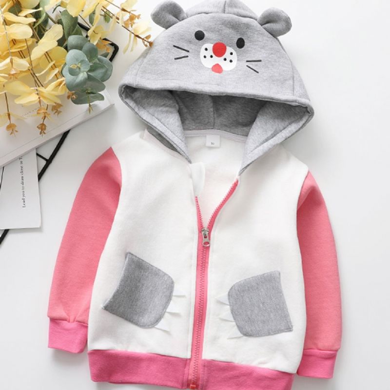 Podzim Zima New Dívky Bear Printed Fleece Kabát S Kapucí Na Zip