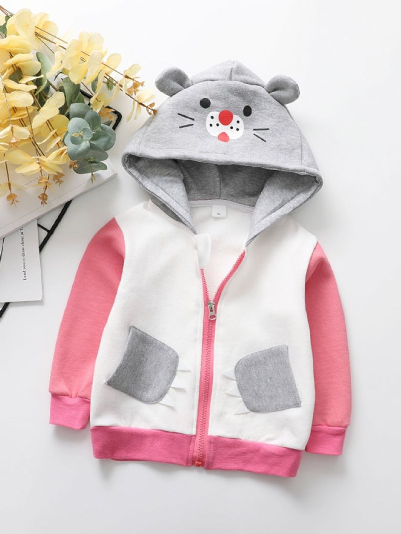 Podzim Zima New Dívky Bear Printed Fleece Kabát S Kapucí Na Zip