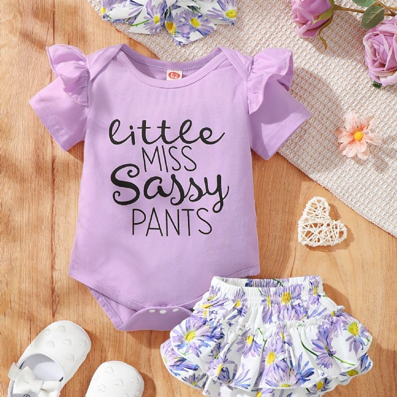 Dívčí Ruffle Převlek S Výstřihem + Květinový Potisk Kalhotky Šortky + Čelenka Set Kojenecké Oblečení Body Onesie