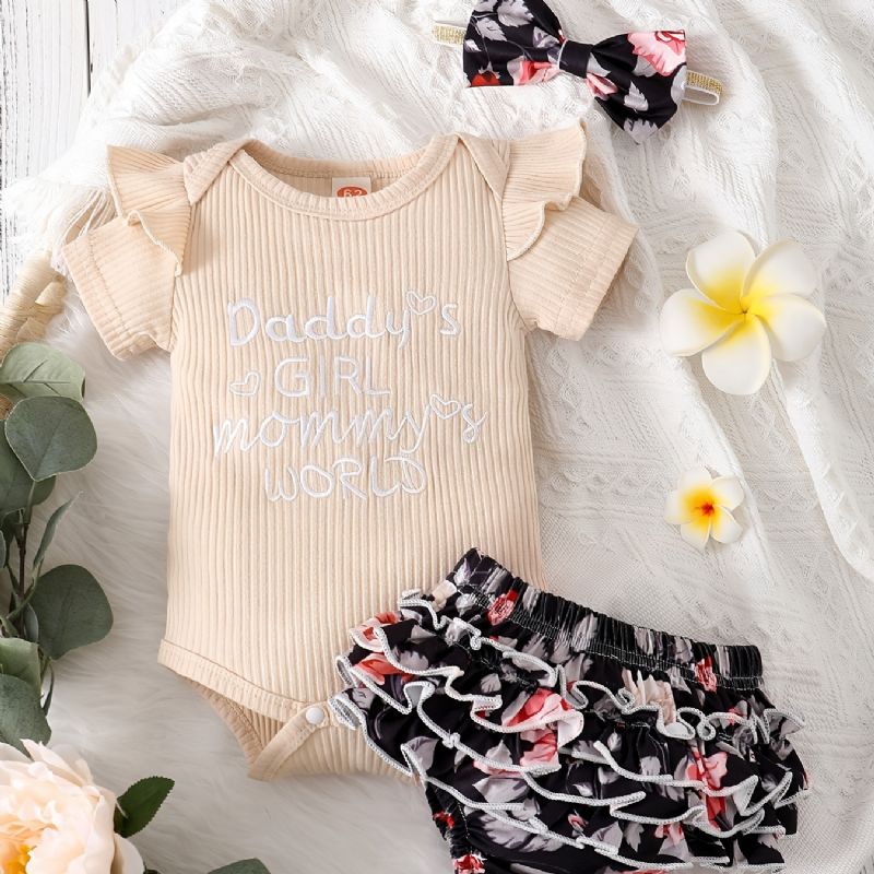 Dívčí Ruffle Převlek S Výstřihem + Květinový Potisk Kalhotky Šortky + Čelenka Set Kojenecké Oblečení Body Onesie