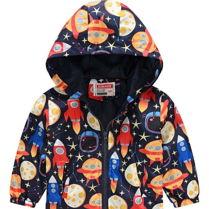 1ks Casual Cute Rocket Print Bunda Na Zip S Kapucí Cardigan Collar Fleecová Termo Pro Zimní Chlapce Dívky