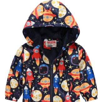 1ks Casual Cute Rocket Print Bunda Na Zip S Kapucí Cardigan Collar Fleecová Termo Pro Zimní Chlapce Dívky