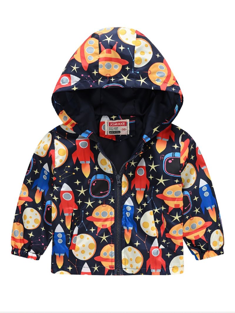 1ks Casual Cute Rocket Print Bunda Na Zip S Kapucí Cardigan Collar Fleecová Termo Pro Zimní Chlapce Dívky