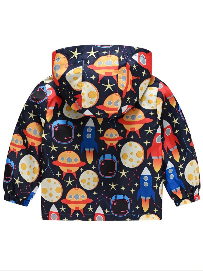 1ks Casual Cute Rocket Print Bunda Na Zip S Kapucí Cardigan Collar Fleecová Termo Pro Zimní Chlapce Dívky