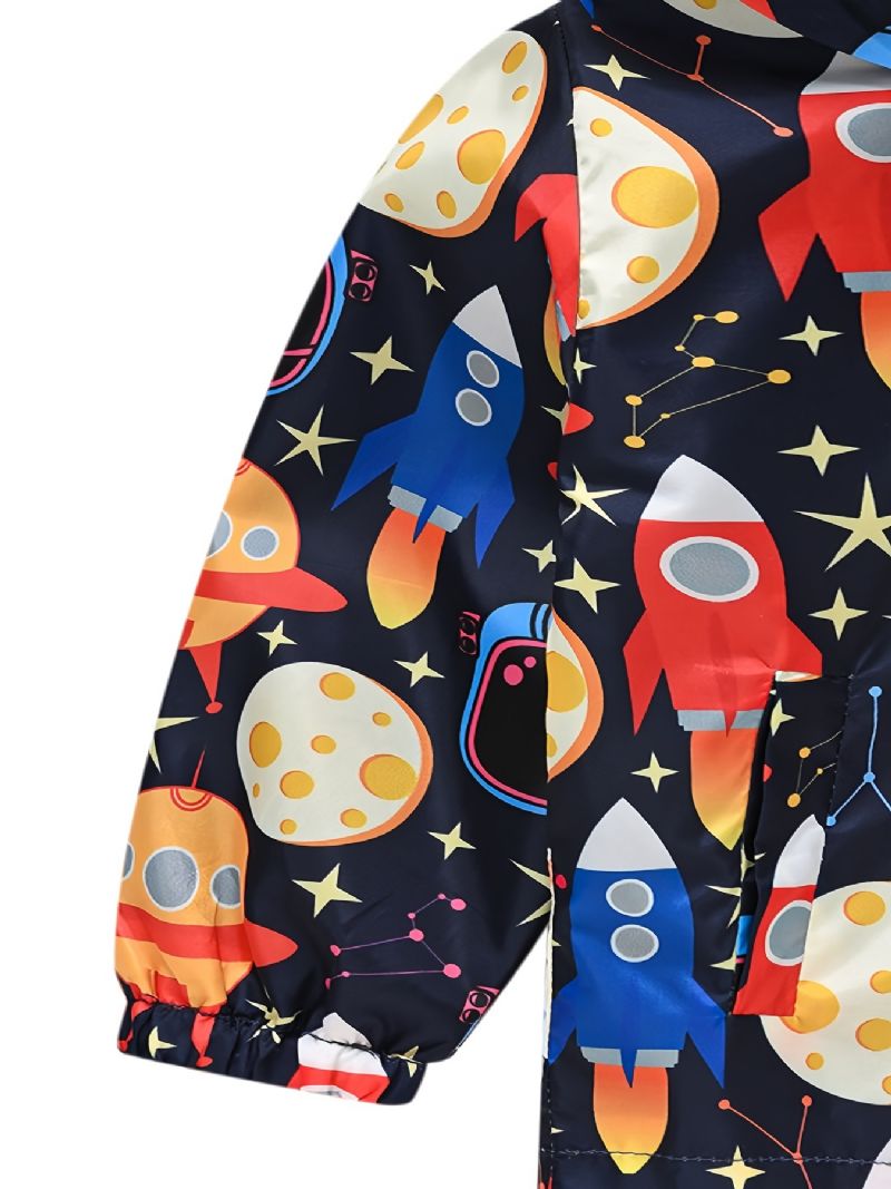 1ks Casual Cute Rocket Print Bunda Na Zip S Kapucí Cardigan Collar Fleecová Termo Pro Zimní Chlapce Dívky