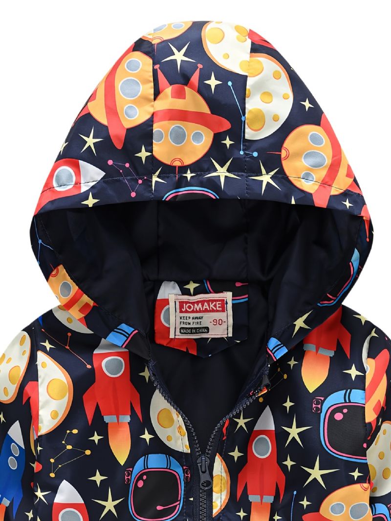 1ks Casual Cute Rocket Print Bunda Na Zip S Kapucí Cardigan Collar Fleecová Termo Pro Zimní Chlapce Dívky